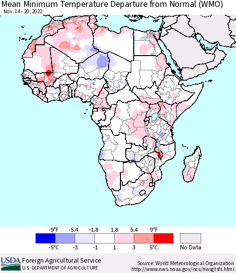 Africa Mean Minimum Temperature Departure from Normal (WMO) Thematic Map For 11/14/2022 - 11/20/2022