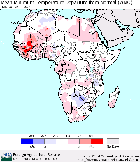 Africa Mean Minimum Temperature Departure from Normal (WMO) Thematic Map For 11/28/2022 - 12/4/2022