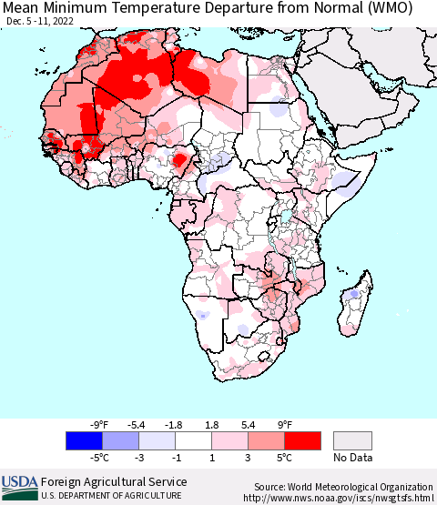 Africa Mean Minimum Temperature Departure from Normal (WMO) Thematic Map For 12/5/2022 - 12/11/2022