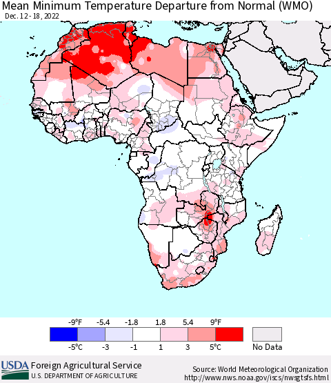Africa Mean Minimum Temperature Departure from Normal (WMO) Thematic Map For 12/12/2022 - 12/18/2022
