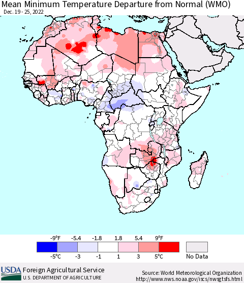 Africa Mean Minimum Temperature Departure from Normal (WMO) Thematic Map For 12/19/2022 - 12/25/2022