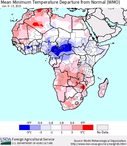 Africa Mean Minimum Temperature Departure from Normal (WMO) Thematic Map For 1/9/2023 - 1/15/2023