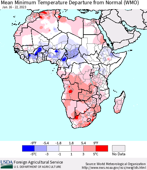 Africa Mean Minimum Temperature Departure from Normal (WMO) Thematic Map For 1/16/2023 - 1/22/2023