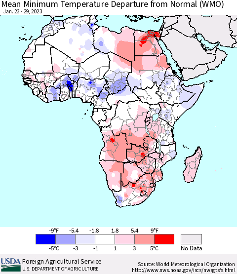 Africa Mean Minimum Temperature Departure from Normal (WMO) Thematic Map For 1/23/2023 - 1/29/2023