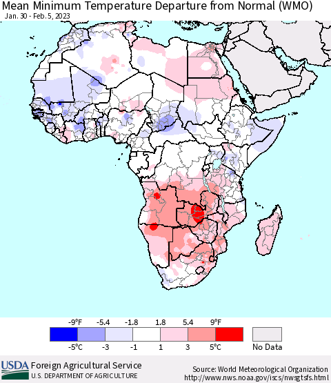 Africa Mean Minimum Temperature Departure from Normal (WMO) Thematic Map For 1/30/2023 - 2/5/2023