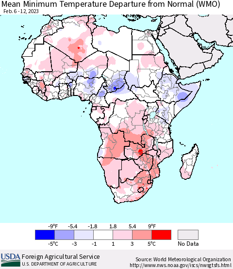 Africa Mean Minimum Temperature Departure from Normal (WMO) Thematic Map For 2/6/2023 - 2/12/2023