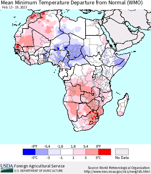 Africa Mean Minimum Temperature Departure from Normal (WMO) Thematic Map For 2/13/2023 - 2/19/2023