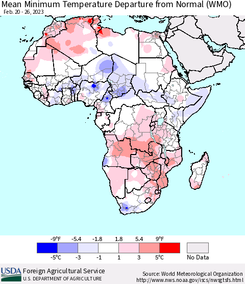 Africa Mean Minimum Temperature Departure from Normal (WMO) Thematic Map For 2/20/2023 - 2/26/2023
