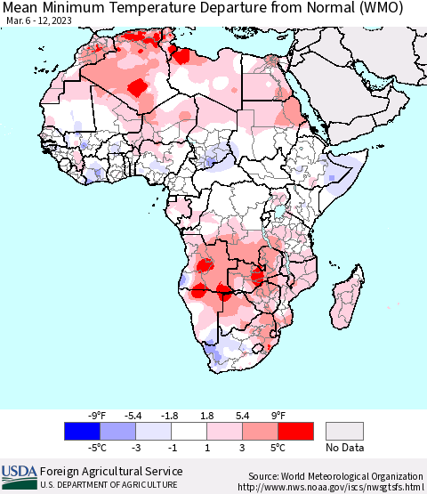 Africa Mean Minimum Temperature Departure from Normal (WMO) Thematic Map For 3/6/2023 - 3/12/2023