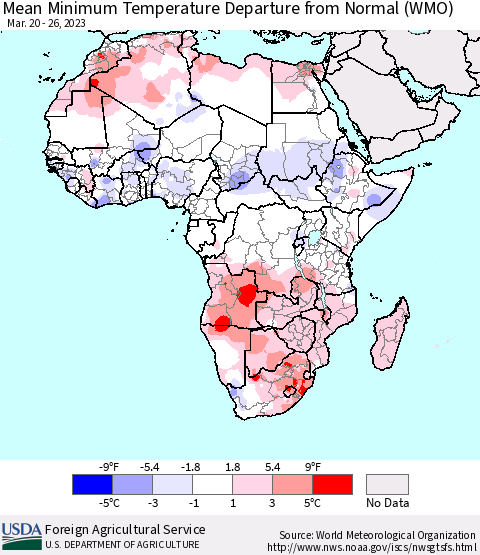Africa Mean Minimum Temperature Departure from Normal (WMO) Thematic Map For 3/20/2023 - 3/26/2023