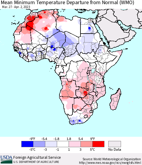 Africa Mean Minimum Temperature Departure from Normal (WMO) Thematic Map For 3/27/2023 - 4/2/2023