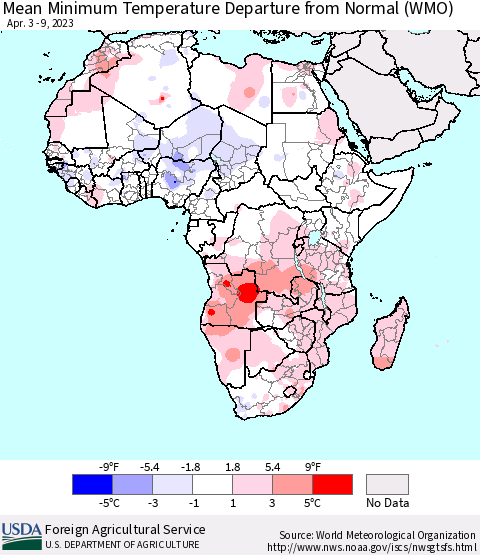 Africa Mean Minimum Temperature Departure from Normal (WMO) Thematic Map For 4/3/2023 - 4/9/2023