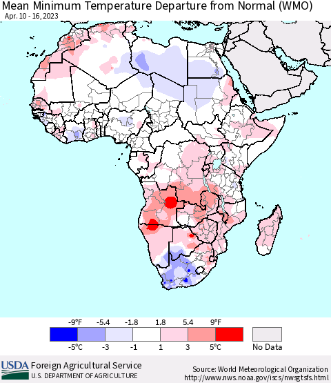 Africa Mean Minimum Temperature Departure from Normal (WMO) Thematic Map For 4/10/2023 - 4/16/2023