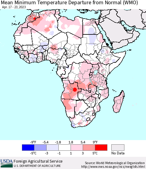 Africa Mean Minimum Temperature Departure from Normal (WMO) Thematic Map For 4/17/2023 - 4/23/2023