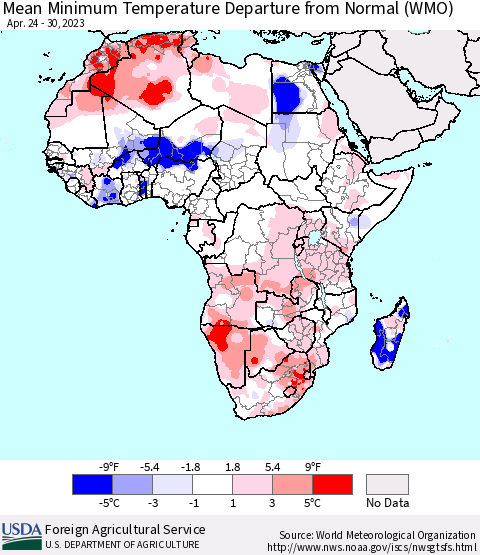 Africa Mean Minimum Temperature Departure from Normal (WMO) Thematic Map For 4/24/2023 - 4/30/2023