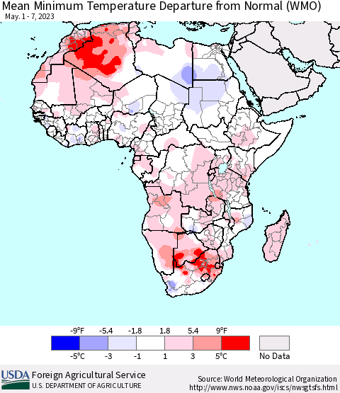 Africa Mean Minimum Temperature Departure from Normal (WMO) Thematic Map For 5/1/2023 - 5/7/2023