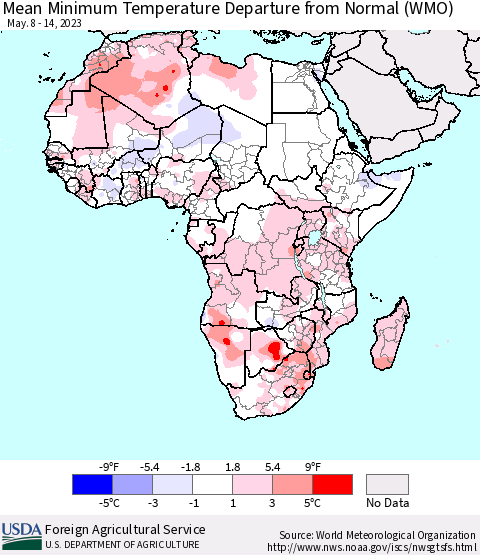 Africa Mean Minimum Temperature Departure from Normal (WMO) Thematic Map For 5/8/2023 - 5/14/2023