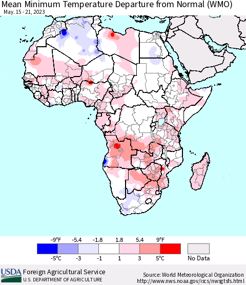 Africa Mean Minimum Temperature Departure from Normal (WMO) Thematic Map For 5/15/2023 - 5/21/2023