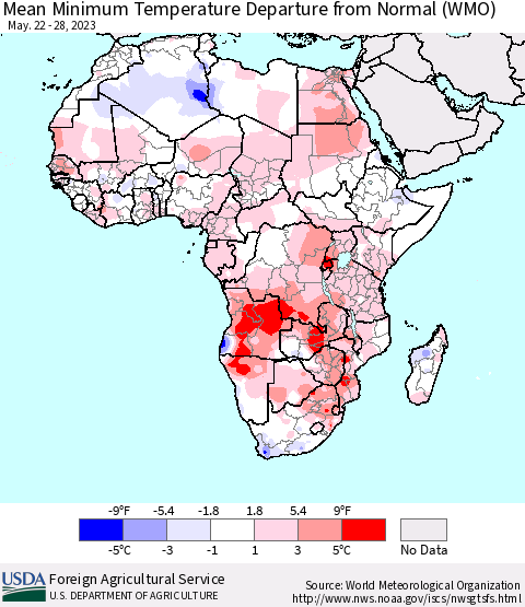 Africa Mean Minimum Temperature Departure from Normal (WMO) Thematic Map For 5/22/2023 - 5/28/2023
