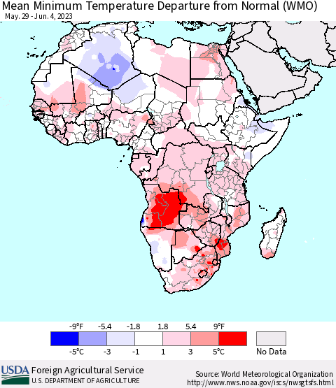 Africa Mean Minimum Temperature Departure from Normal (WMO) Thematic Map For 5/29/2023 - 6/4/2023