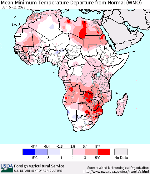 Africa Mean Minimum Temperature Departure from Normal (WMO) Thematic Map For 6/5/2023 - 6/11/2023