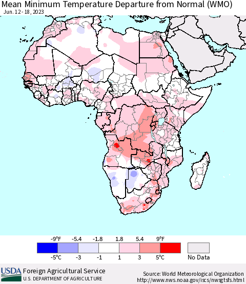 Africa Mean Minimum Temperature Departure from Normal (WMO) Thematic Map For 6/12/2023 - 6/18/2023