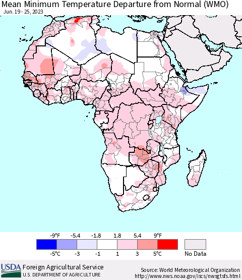 Africa Mean Minimum Temperature Departure from Normal (WMO) Thematic Map For 6/19/2023 - 6/25/2023