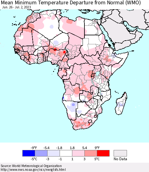 Africa Mean Minimum Temperature Departure from Normal (WMO) Thematic Map For 6/26/2023 - 7/2/2023