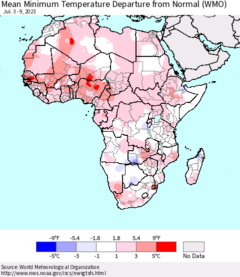 Africa Mean Minimum Temperature Departure from Normal (WMO) Thematic Map For 7/3/2023 - 7/9/2023