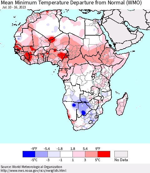 Africa Mean Minimum Temperature Departure from Normal (WMO) Thematic Map For 7/10/2023 - 7/16/2023