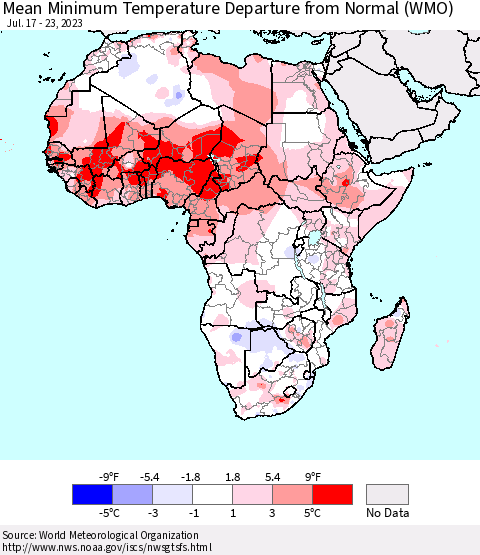 Africa Mean Minimum Temperature Departure from Normal (WMO) Thematic Map For 7/17/2023 - 7/23/2023