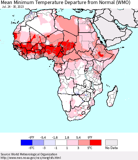 Africa Mean Minimum Temperature Departure from Normal (WMO) Thematic Map For 7/24/2023 - 7/30/2023