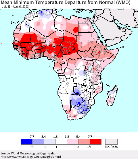 Africa Mean Minimum Temperature Departure from Normal (WMO) Thematic Map For 7/31/2023 - 8/6/2023