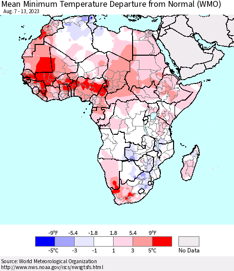 Africa Mean Minimum Temperature Departure from Normal (WMO) Thematic Map For 8/7/2023 - 8/13/2023