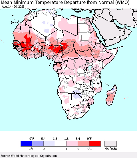 Africa Mean Minimum Temperature Departure from Normal (WMO) Thematic Map For 8/14/2023 - 8/20/2023