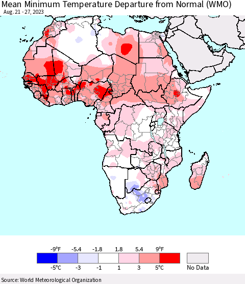 Africa Mean Minimum Temperature Departure from Normal (WMO) Thematic Map For 8/21/2023 - 8/27/2023