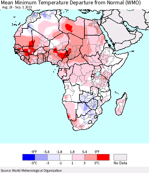 Africa Mean Minimum Temperature Departure from Normal (WMO) Thematic Map For 8/28/2023 - 9/3/2023