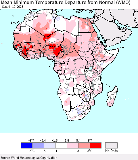 Africa Mean Minimum Temperature Departure from Normal (WMO) Thematic Map For 9/4/2023 - 9/10/2023
