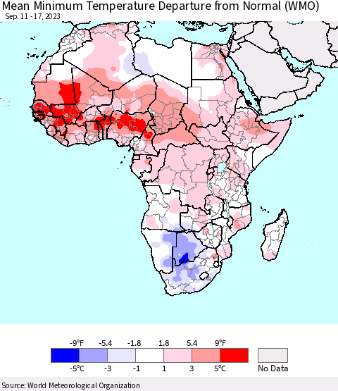 Africa Mean Minimum Temperature Departure from Normal (WMO) Thematic Map For 9/11/2023 - 9/17/2023