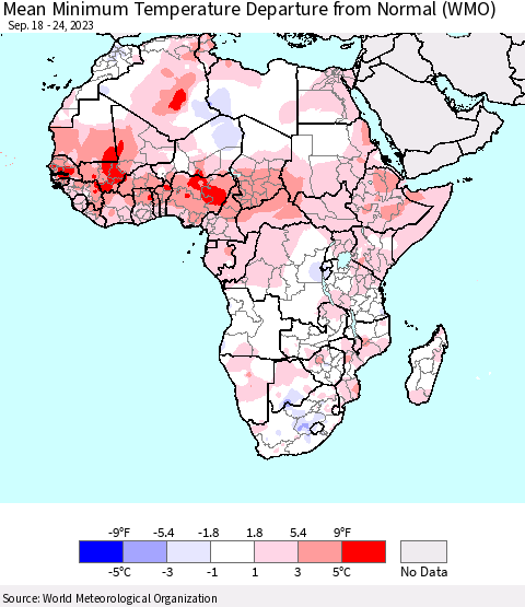 Africa Mean Minimum Temperature Departure from Normal (WMO) Thematic Map For 9/18/2023 - 9/24/2023