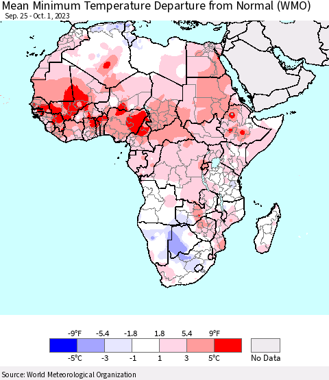 Africa Mean Minimum Temperature Departure from Normal (WMO) Thematic Map For 9/25/2023 - 10/1/2023