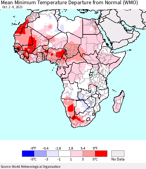 Africa Mean Minimum Temperature Departure from Normal (WMO) Thematic Map For 10/2/2023 - 10/8/2023