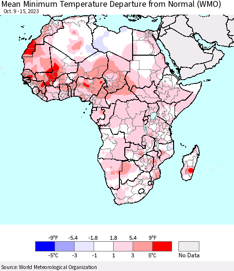 Africa Mean Minimum Temperature Departure from Normal (WMO) Thematic Map For 10/9/2023 - 10/15/2023