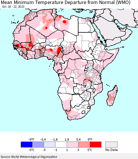 Africa Mean Minimum Temperature Departure from Normal (WMO) Thematic Map For 10/16/2023 - 10/22/2023