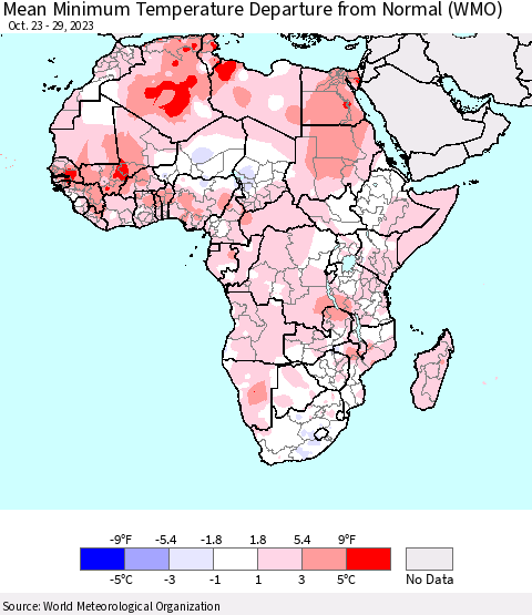 Africa Mean Minimum Temperature Departure from Normal (WMO) Thematic Map For 10/23/2023 - 10/29/2023