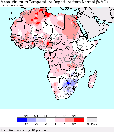 Africa Mean Minimum Temperature Departure from Normal (WMO) Thematic Map For 10/30/2023 - 11/5/2023