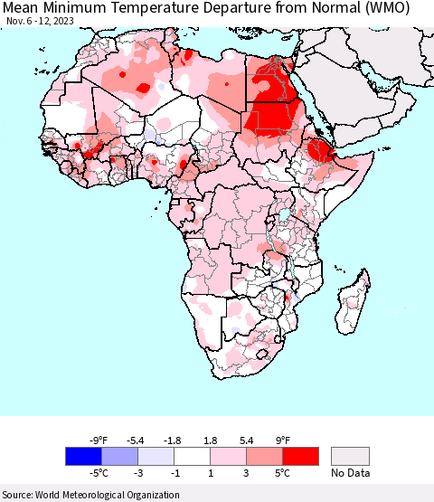 Africa Mean Minimum Temperature Departure from Normal (WMO) Thematic Map For 11/6/2023 - 11/12/2023