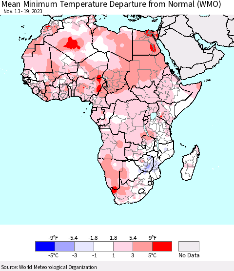 Africa Mean Minimum Temperature Departure from Normal (WMO) Thematic Map For 11/13/2023 - 11/19/2023