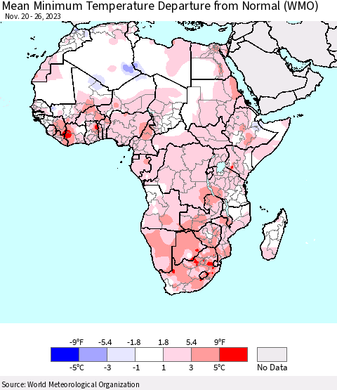 Africa Mean Minimum Temperature Departure from Normal (WMO) Thematic Map For 11/20/2023 - 11/26/2023