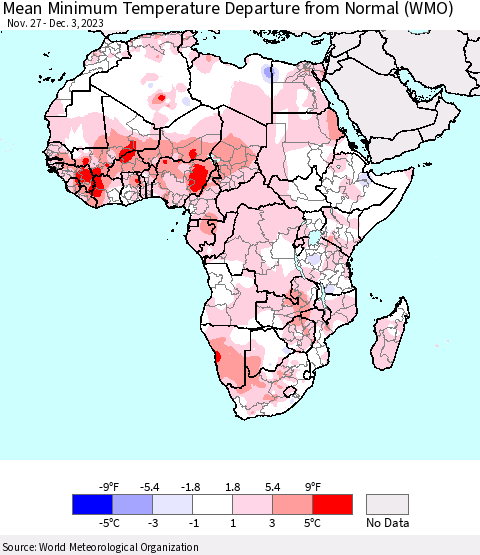 Africa Mean Minimum Temperature Departure from Normal (WMO) Thematic Map For 11/27/2023 - 12/3/2023